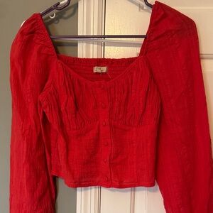 Chelsea & Violet Red Puff-Sleeve Cropped Button Blouse